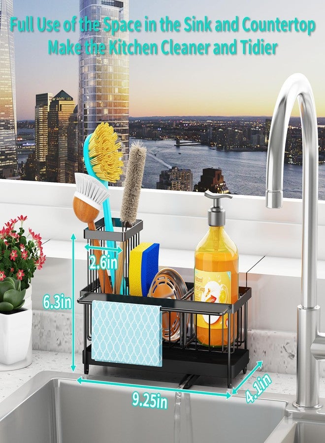Godboat Sponge Holder for Kitchen Sink - Stainless Steel Sink Caddy Organizer with Towel & Brush Rack, Auto-Drain & 360° Swivel Spout, Bathroom Organizer for Soap Dispenser, Black (9.25" W X 4.1" D) - Image 2